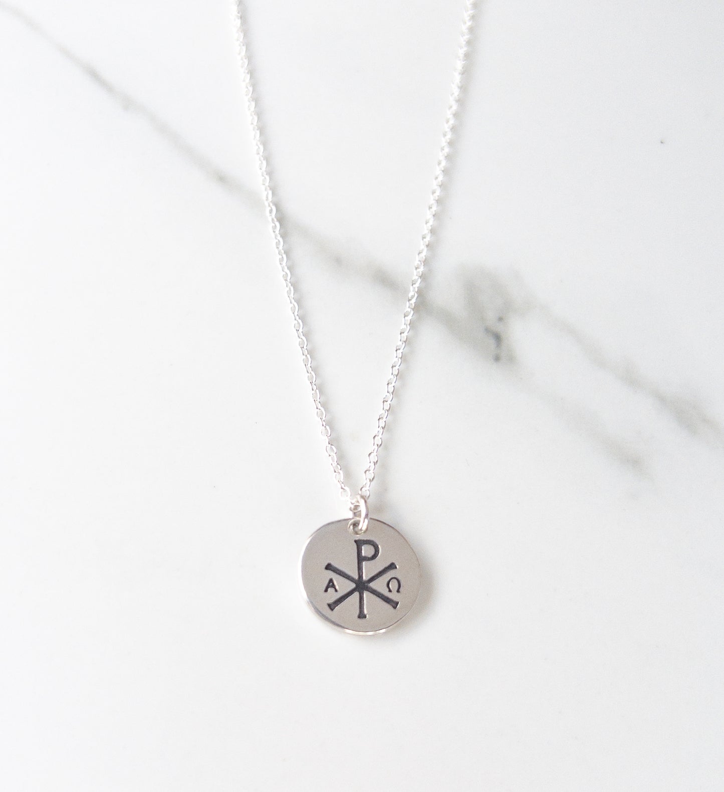 Sterling Silver Chi Rho Necklace with Alpha and Omega