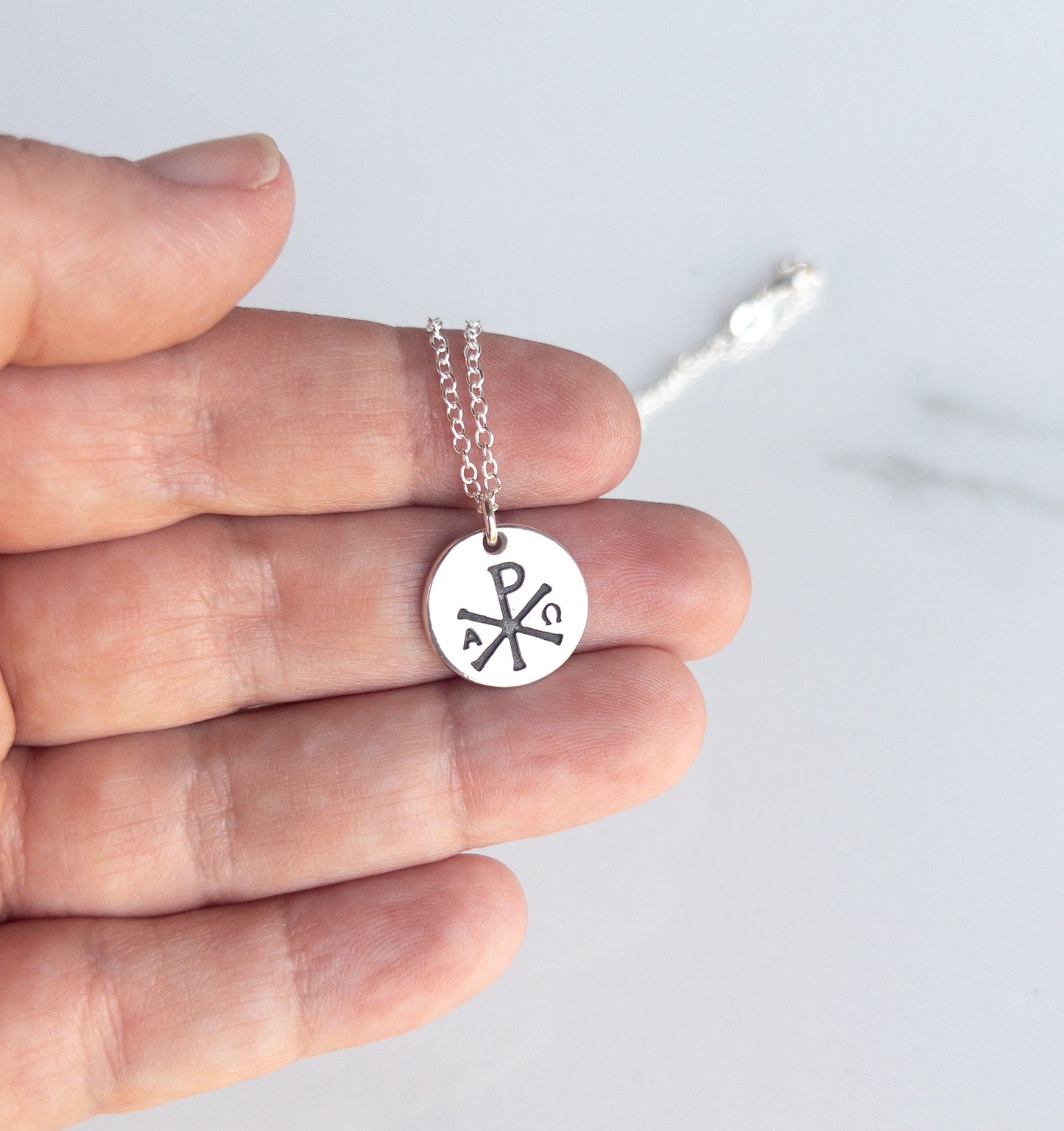 Sterling Silver Chi Rho Necklace with Alpha and Omega