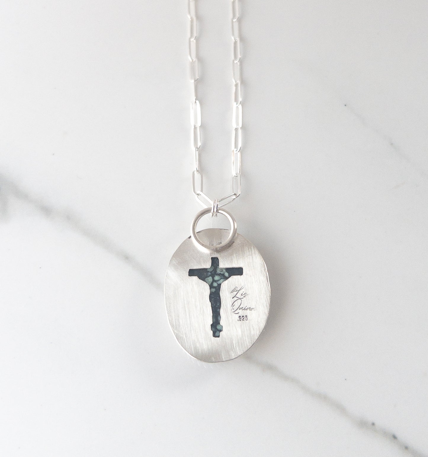 Sterling Silver Hidden Crucifix Necklace with New Lander Variscite Gemstone