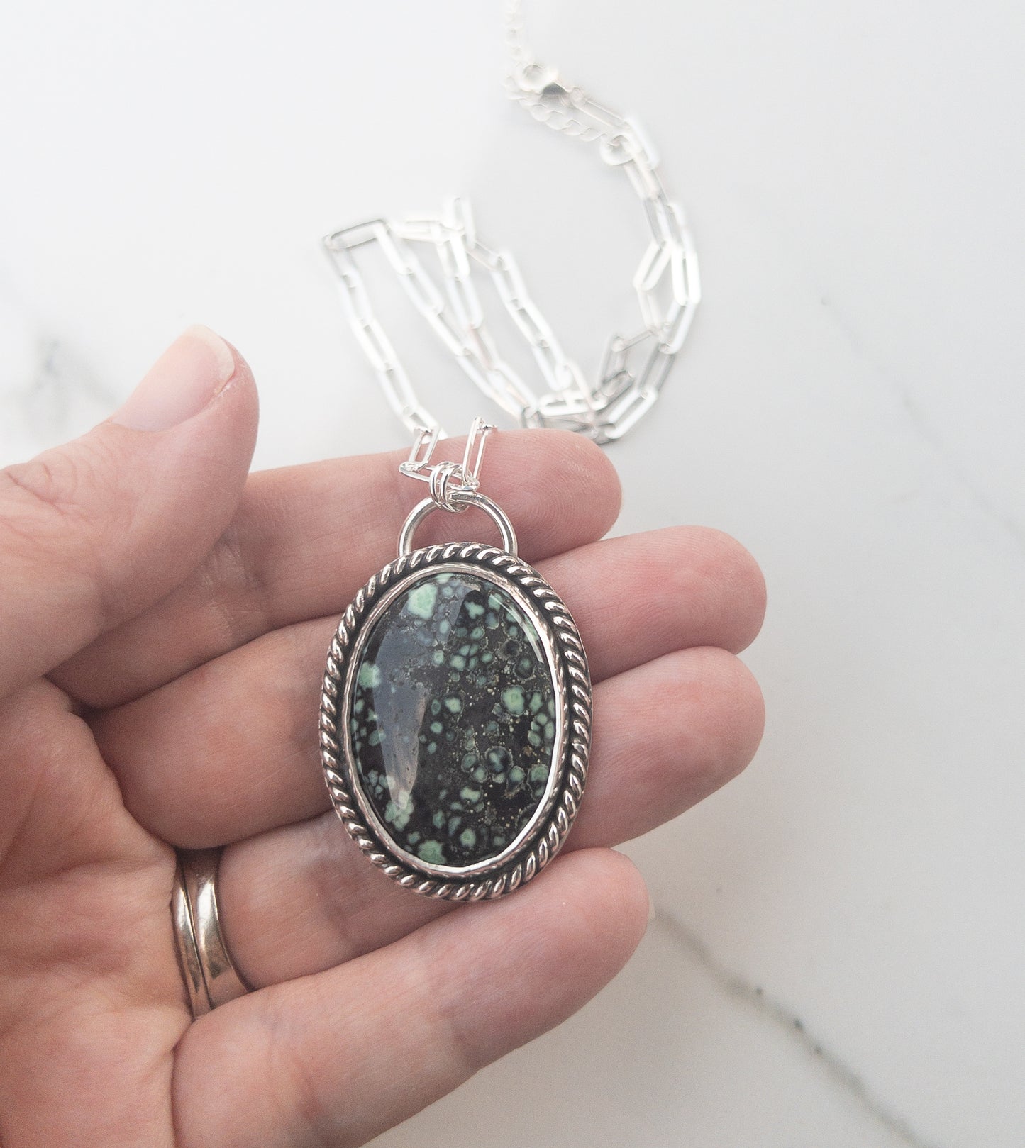 Sterling Silver Hidden Crucifix Necklace with New Lander Variscite Gemstone