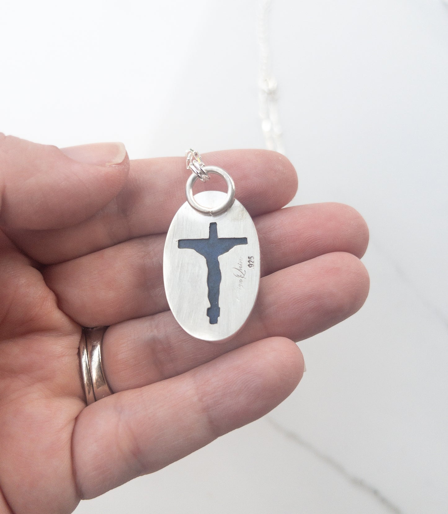 Hidden Crucifix Necklace- Sterling Silver and Dark Blue Dumortierite Gemstone