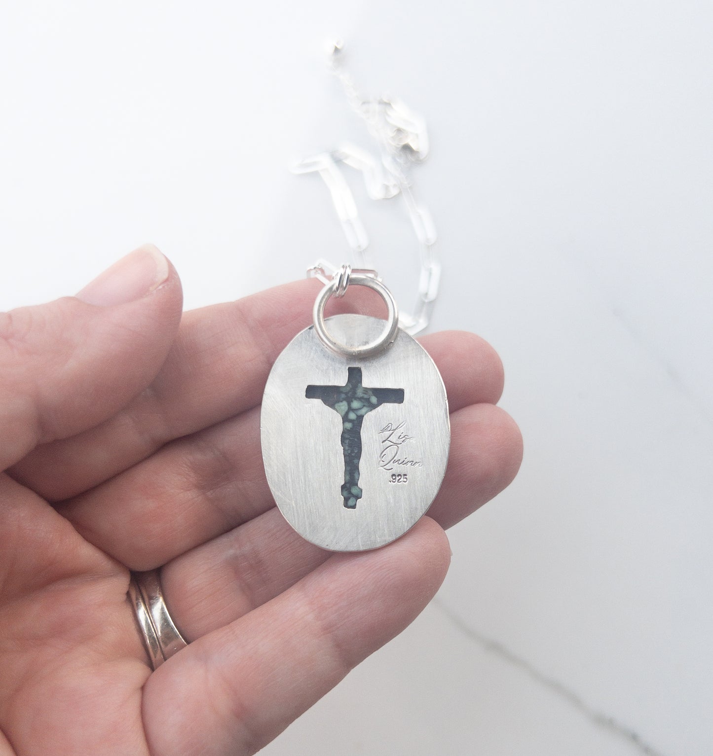 Sterling Silver Hidden Crucifix Necklace with New Lander Variscite Gemstone