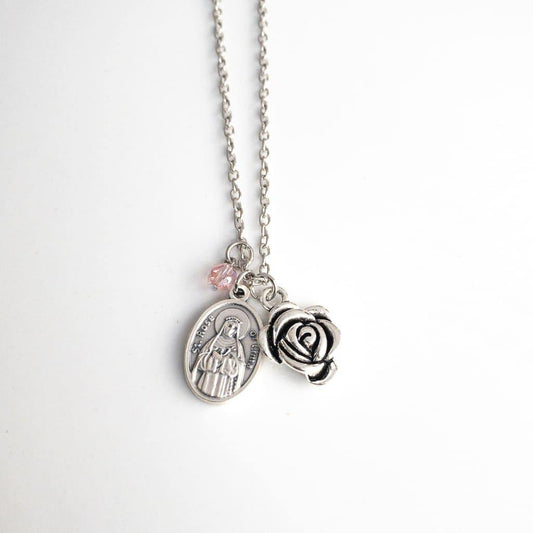 Saint Rose of Lima Catholic necklace with pink bead on silver chain, handmade gift for women or Confirmation.