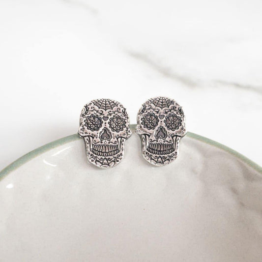 Sterling Silver Sugar Skull Stud Earrings - Earrings