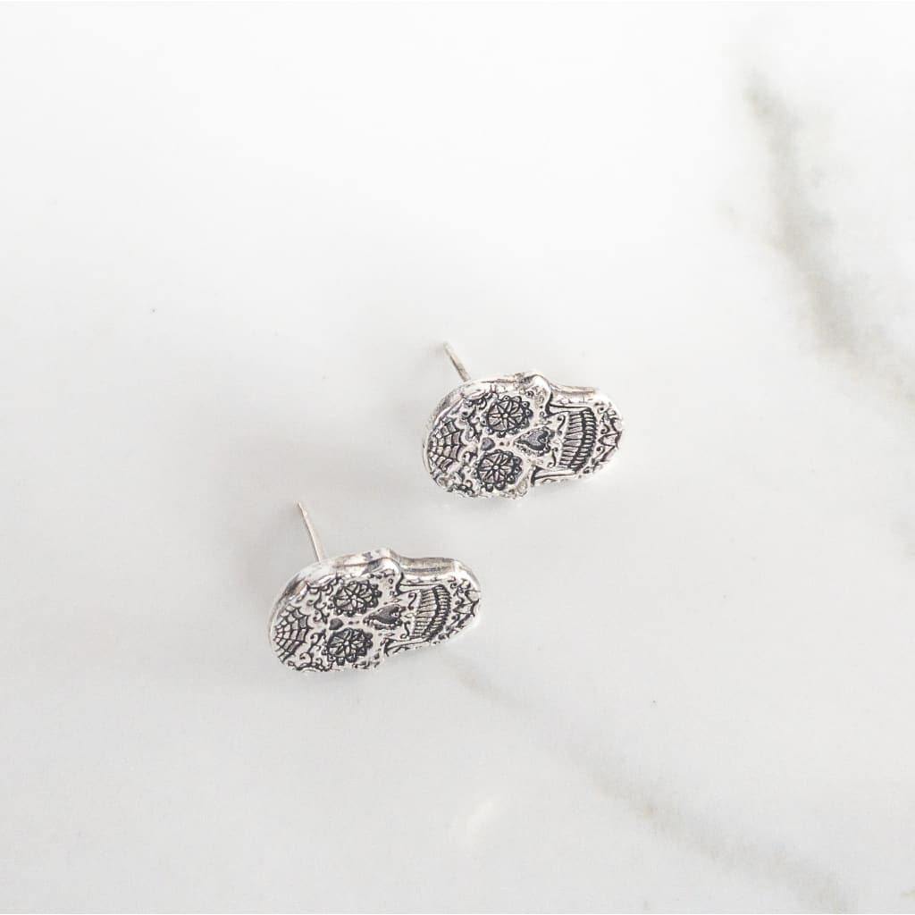Sterling Silver Sugar Skull Stud Earrings - Earrings