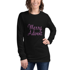 Woman wearing black shirt with "Merry Advent" in pink text