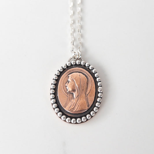 Blessed Mother Copper and Sterling Silver Mixed Metal Necklace