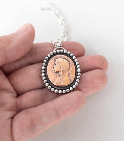 Blessed Mother Copper and Sterling Silver Mixed Metal Necklace