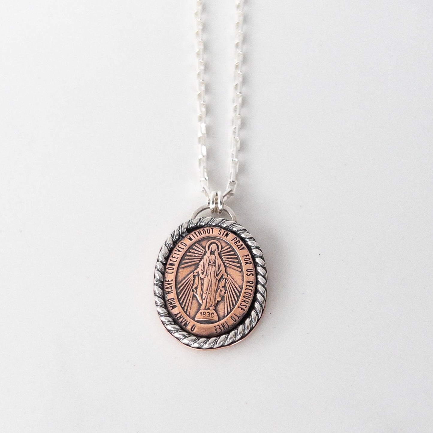 Copper Miraculous Medal Necklace with Sterling Silver