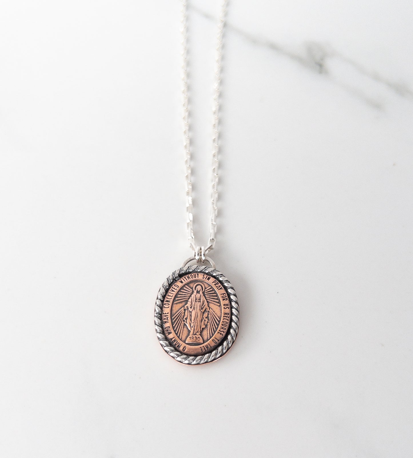 Copper Miraculous Medal Necklace with Sterling Silver