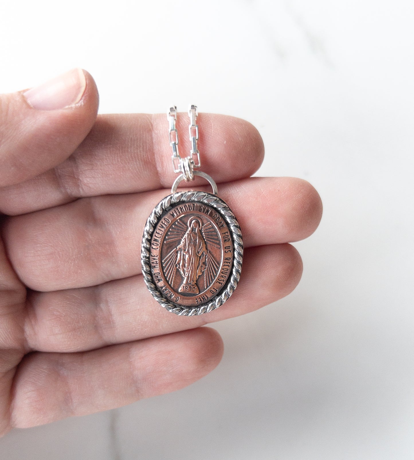 Copper Miraculous Medal Necklace with Sterling Silver