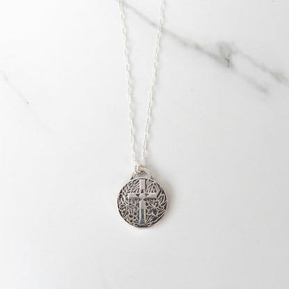 Round Floral Cross Necklace