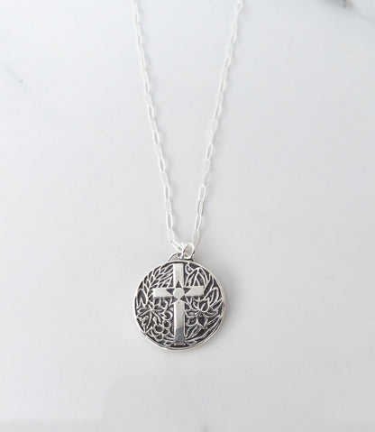 Round Floral Cross Necklace