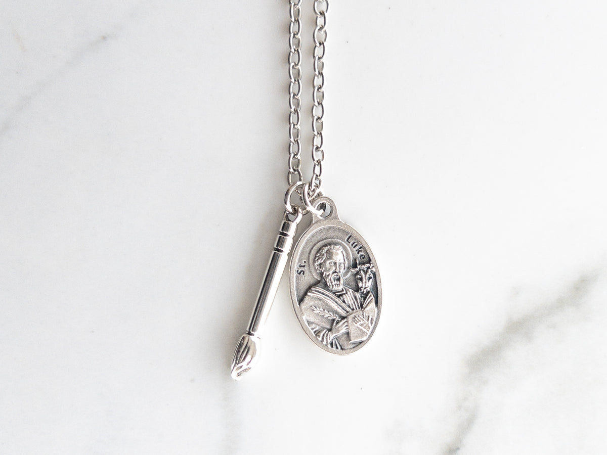 St. Luke Necklace with Paintbrush Charm, Patron Saint of Artists