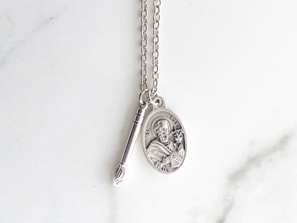 St. Luke Necklace with Paintbrush Charm, Patron Saint of Artists