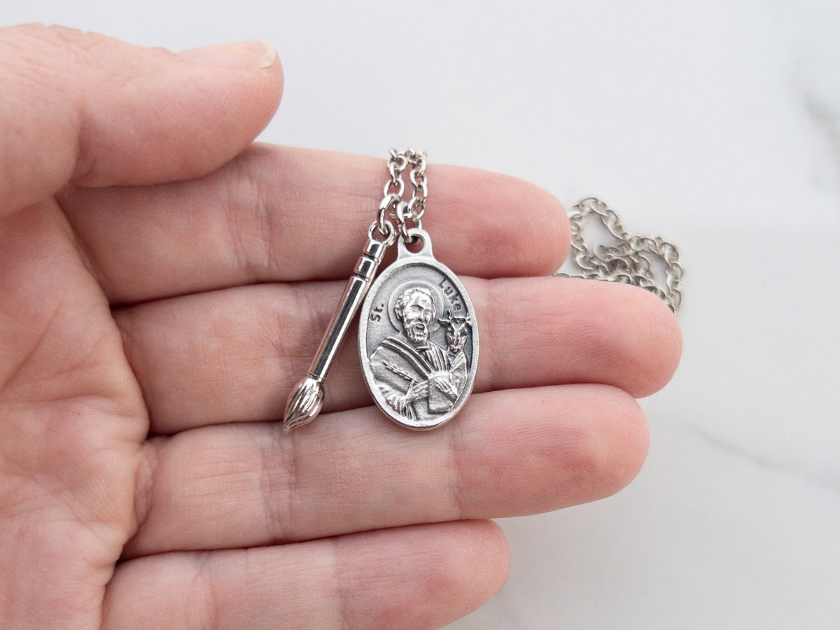 St. Luke Necklace with Paintbrush Charm, Patron Saint of Artists