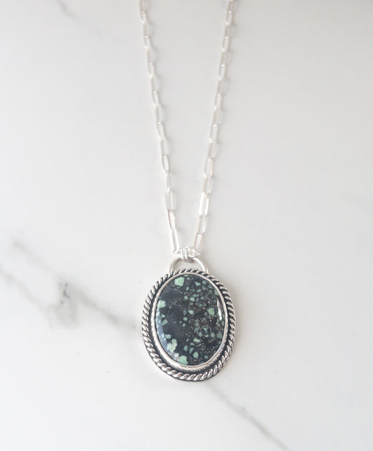 Sterling Silver Hidden Crucifix Necklace with New Lander Variscite Gemstone