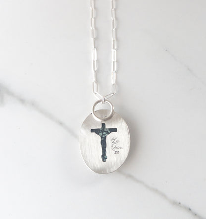 Sterling Silver Hidden Crucifix Necklace with New Lander Variscite Gemstone