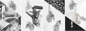 Daily Reminders of Saintly Virtues typed over a black and white over a collage of Sagely Sparrow products and items from inside churches