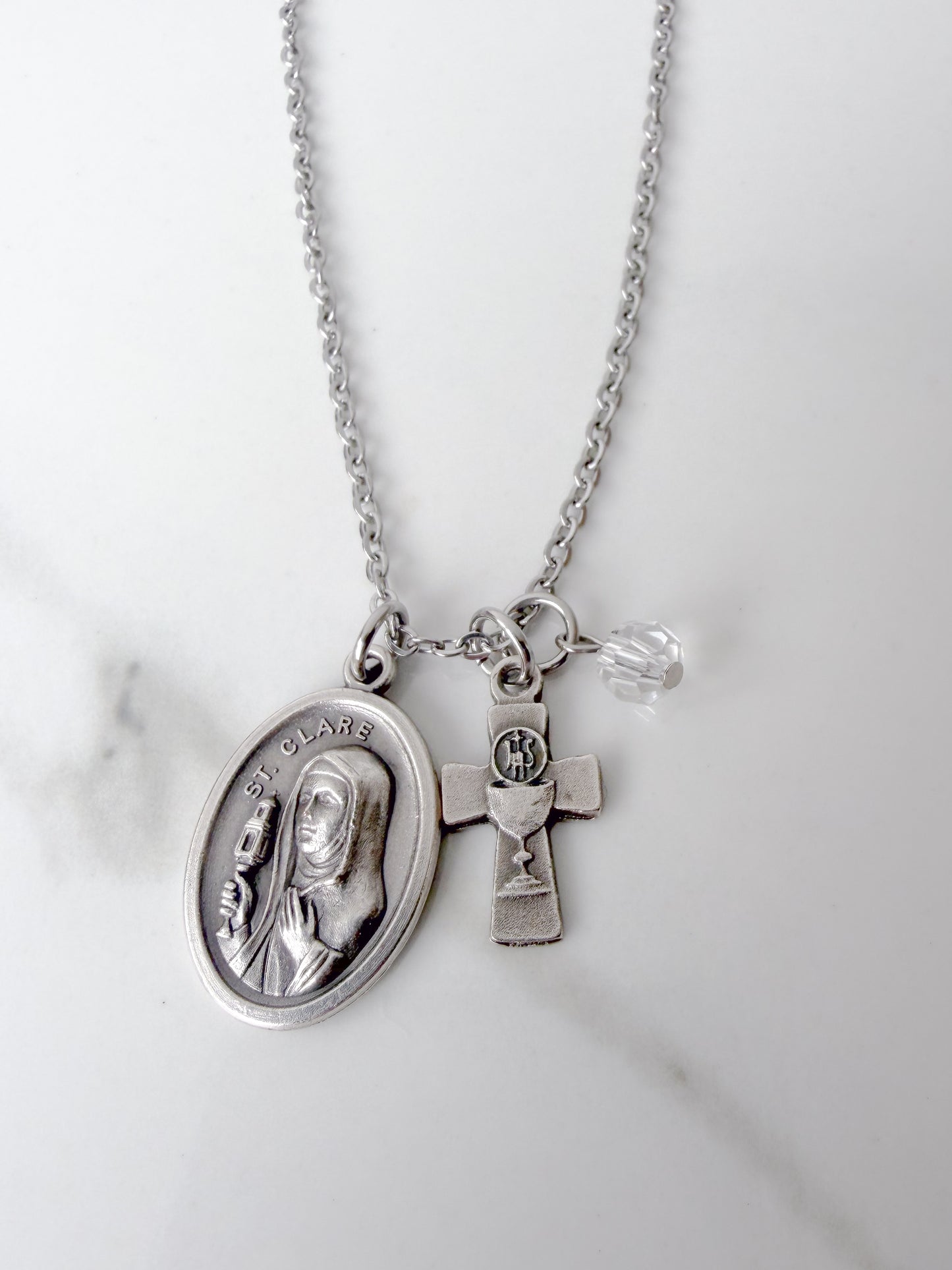 St. Clare of Assisi Necklace with Eucharistic Cross Charm – Catholic Sacrament Gift