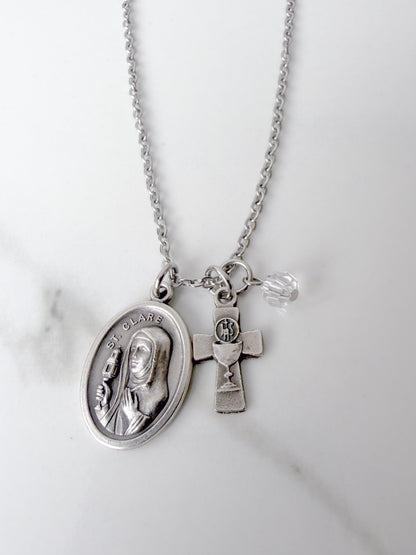 St. Clare of Assisi Necklace with Eucharistic Cross Charm – Catholic Sacrament Gift