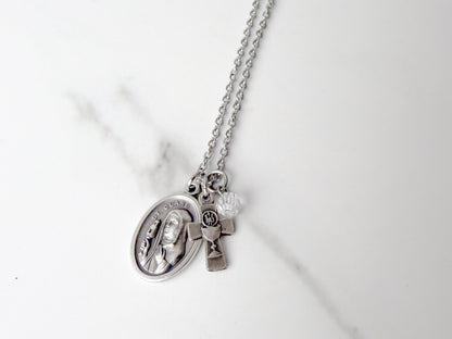 St. Clare of Assisi Necklace with Eucharistic Cross Charm – Catholic Sacrament Gift