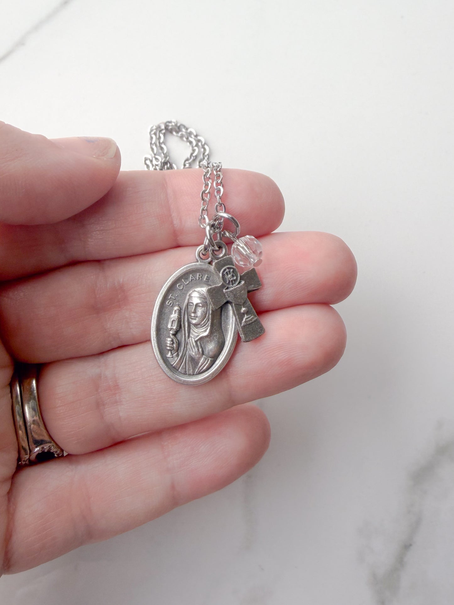 St. Clare of Assisi Necklace with Eucharistic Cross Charm – Catholic Sacrament Gift