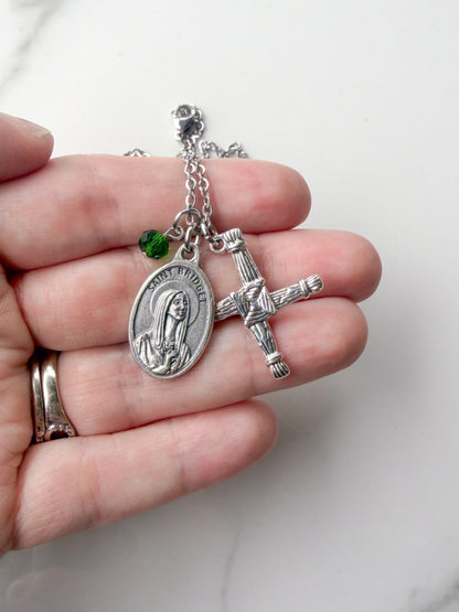 St Brigid Necklace – Saint Bridget Medal & St Brigid’s Cross Irish Catholic Jewelry