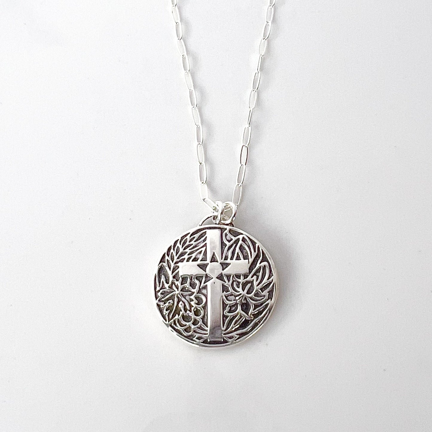 Round Floral Cross Necklace