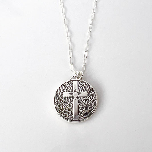 Round Floral Cross Necklace