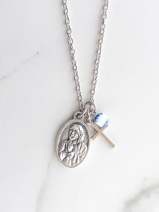 Catholic Confirmation gift necklace with Mother Teresa medal and cross pendant