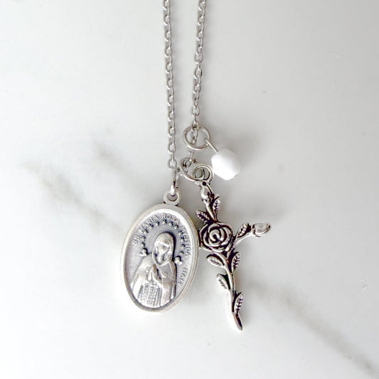 Rosa Mystica Catholic necklace with Italian saint medal, silver-tone rose cross charm, and white glass bead on silver chain – Marian devotional jewelry