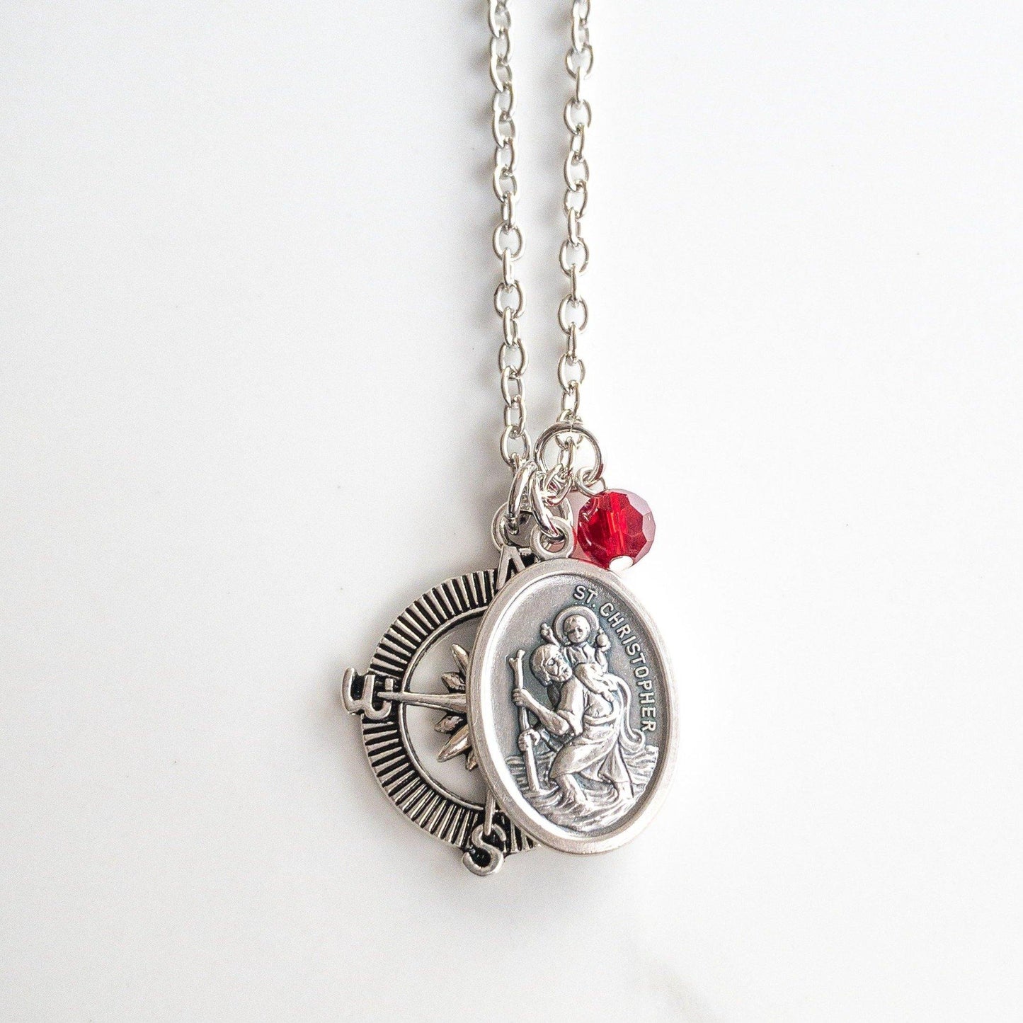 St Christopher necklace with Italian Saint Christopher medal, silver compass charm, red glass bead, and stainless steel chain, Catholic patron saint of travelers jewelry