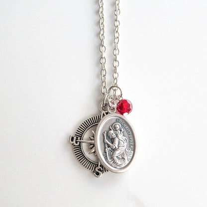 St Christopher necklace with Italian Saint Christopher medal, silver compass charm, red glass bead, and stainless steel chain, Catholic patron saint of travelers jewelry
