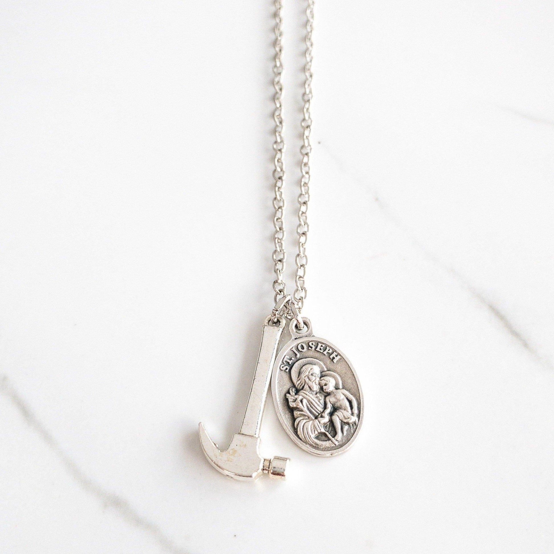 Saint Joseph necklace for men with St Joseph medal and hammer charm on stainless steel chain, Catholic gift for dad.