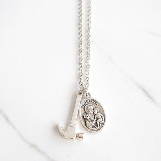 Saint Joseph necklace for men with St Joseph medal and hammer charm on stainless steel chain, Catholic gift for dad.