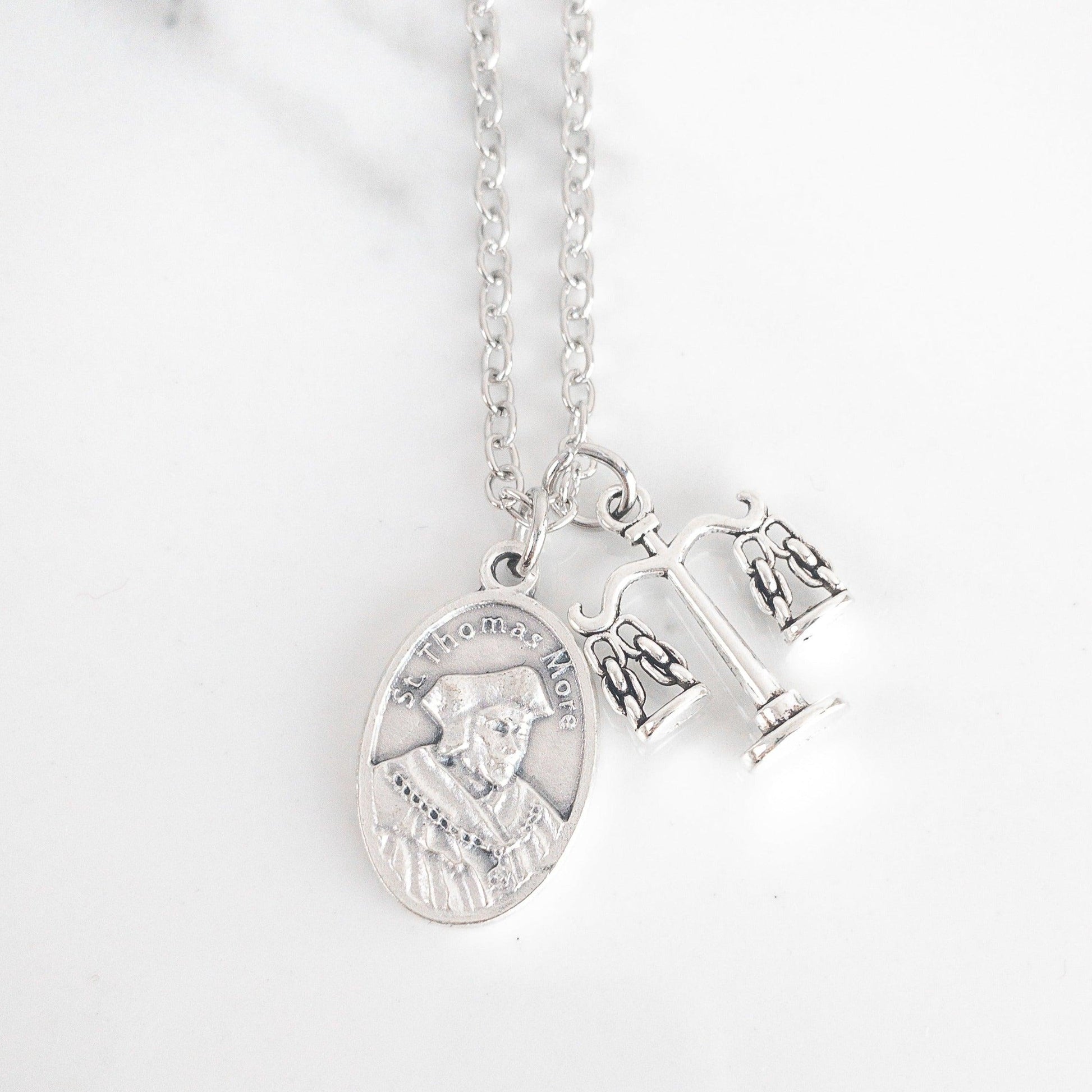 St Thomas More necklace with Italian saint medal and scales of justice charm on stainless steel chain