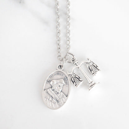 St Thomas More necklace with Italian saint medal and scales of justice charm on stainless steel chain