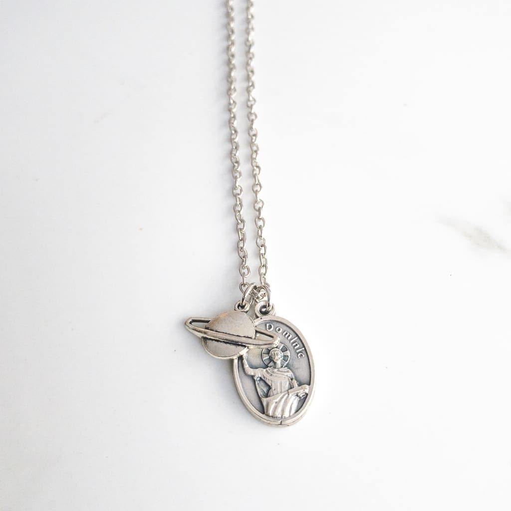 St Dominic necklace with Saturn charm on stainless steel chain, Catholic Confirmation gift for boys, silver Saint Dominic medal jewelry.