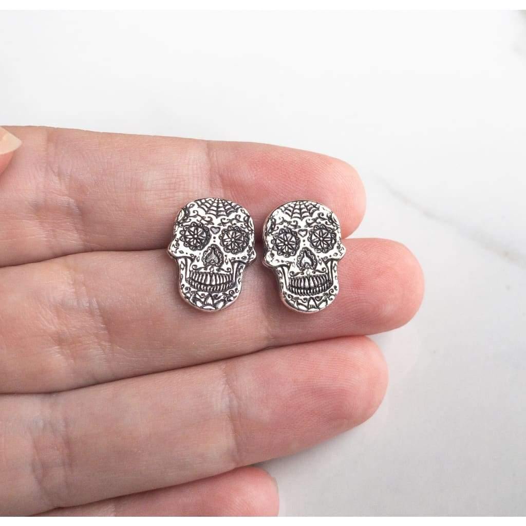 Sterling Silver Sugar Skull Stud Earrings - Earrings